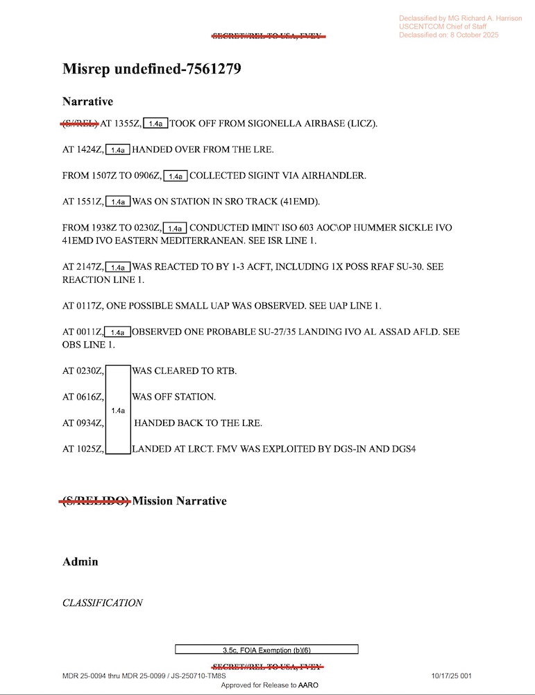 AARO release of a USCENTCOM mission report (MISREP)