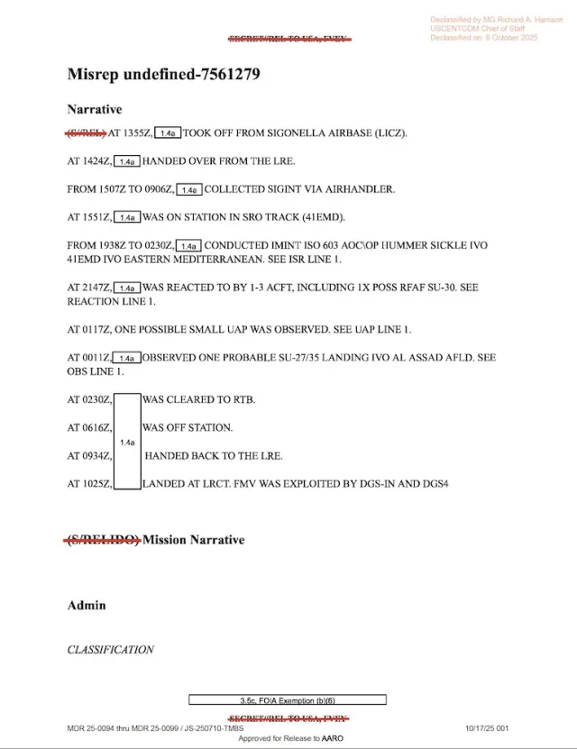 AARO release of a USCENTCOM mission report (MISREP)