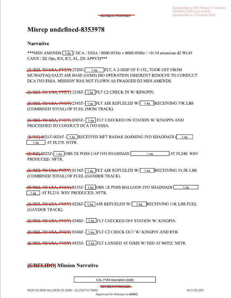 USCENTCOM declassified mission report (MDR 25-0094 series)