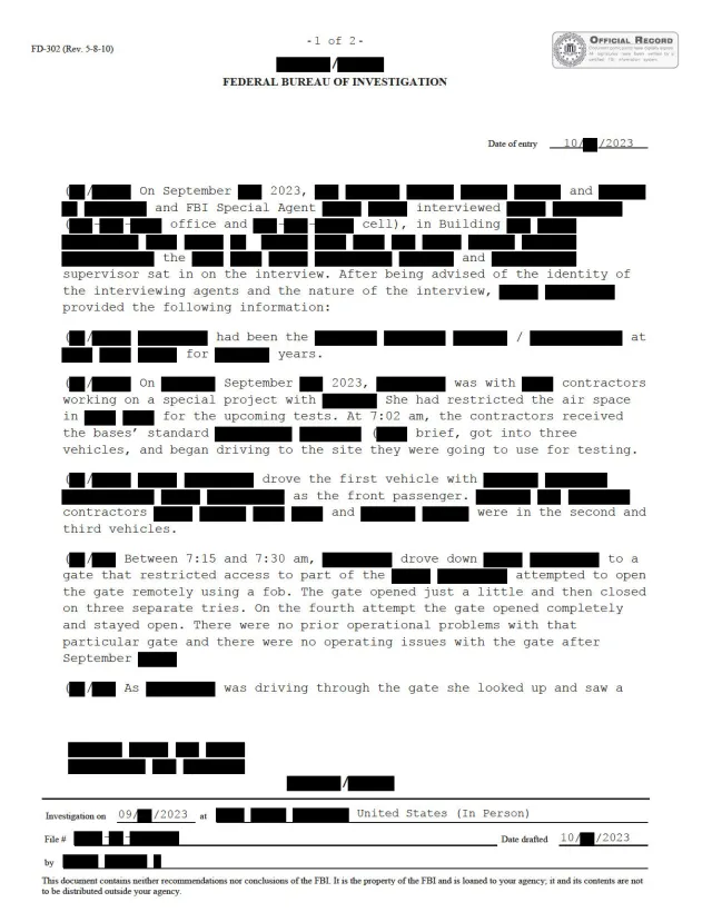 FBI FD-302 UAP Sighting Report