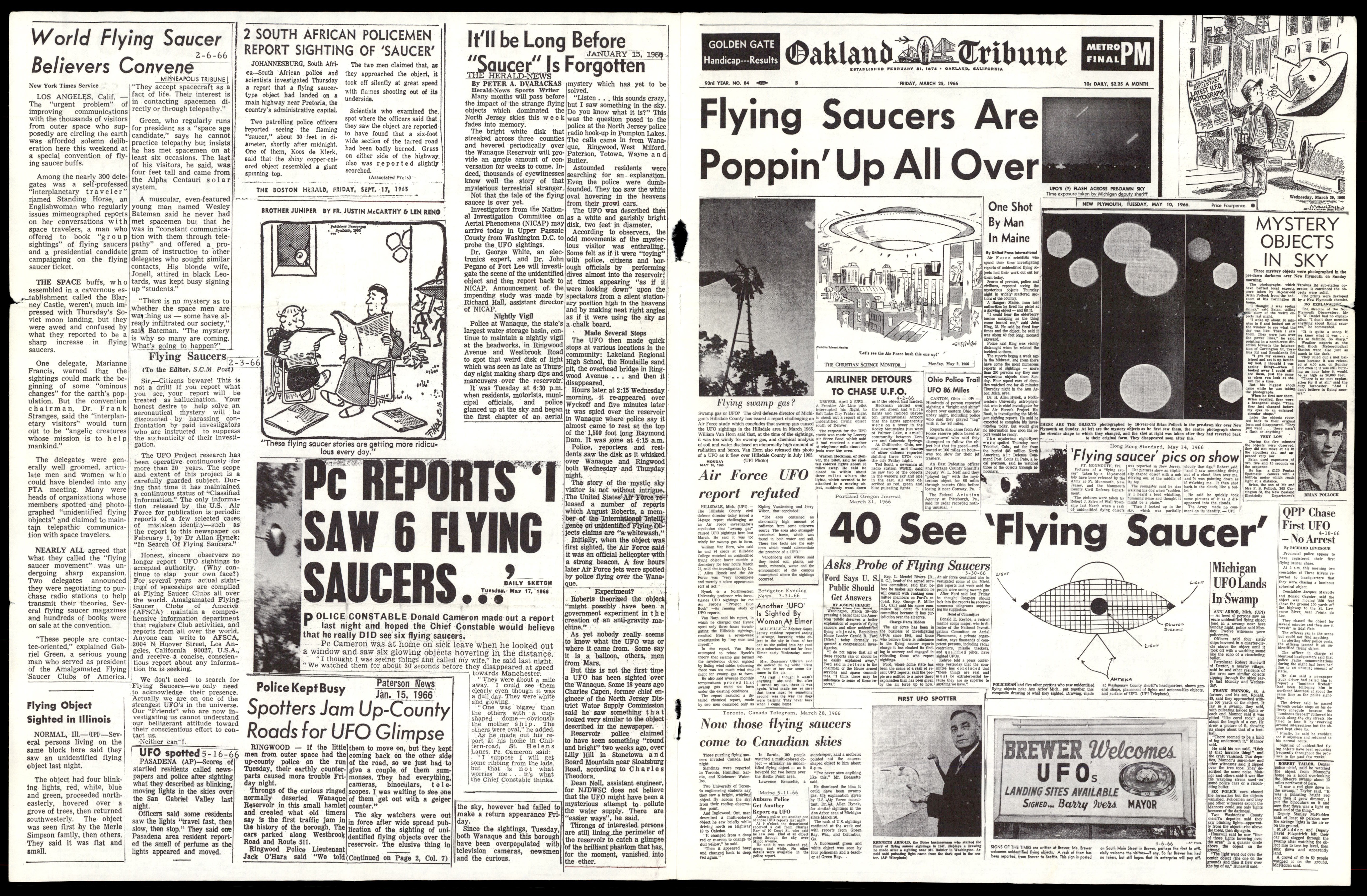 A collage of newspaper clippings from the 'Flying Saucers International' magazine, with a large headline from the Oakland Tribune: 'Flying Saucers Are Poppin' Up All Over'.