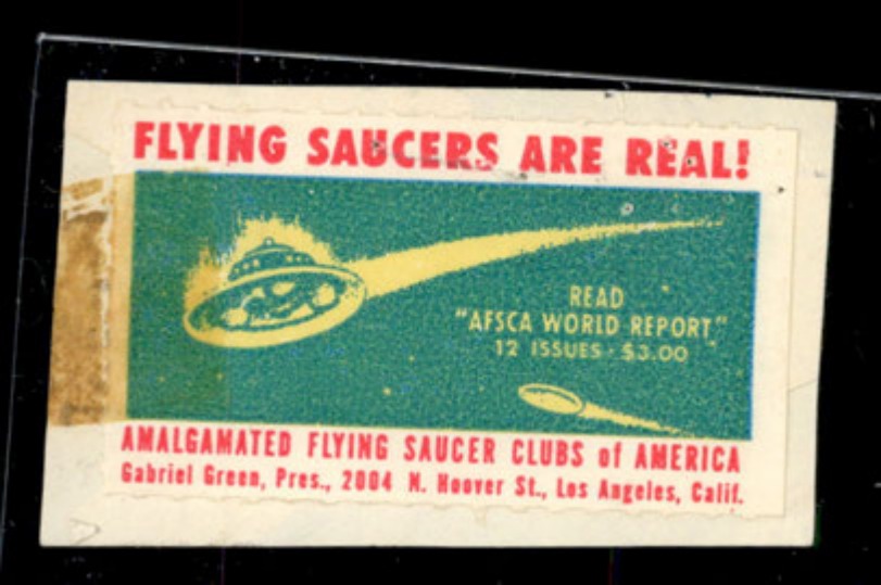 A promotional card for the Amalgamated Flying Saucer Clubs of America, featuring an illustration of a flying saucer.