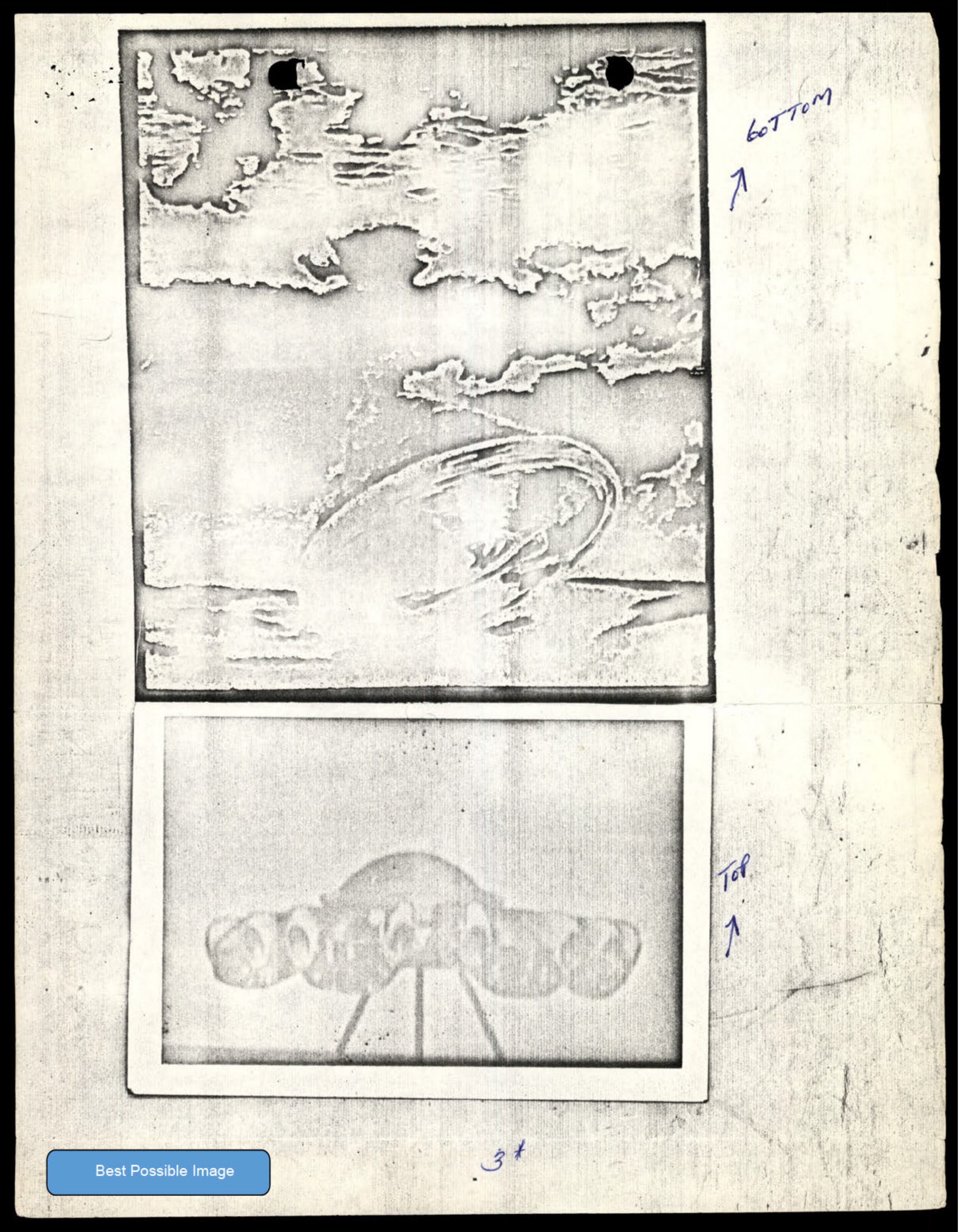 Xerox copy of a photograph showing a saucer-shaped object in flight against a cloudy sky.