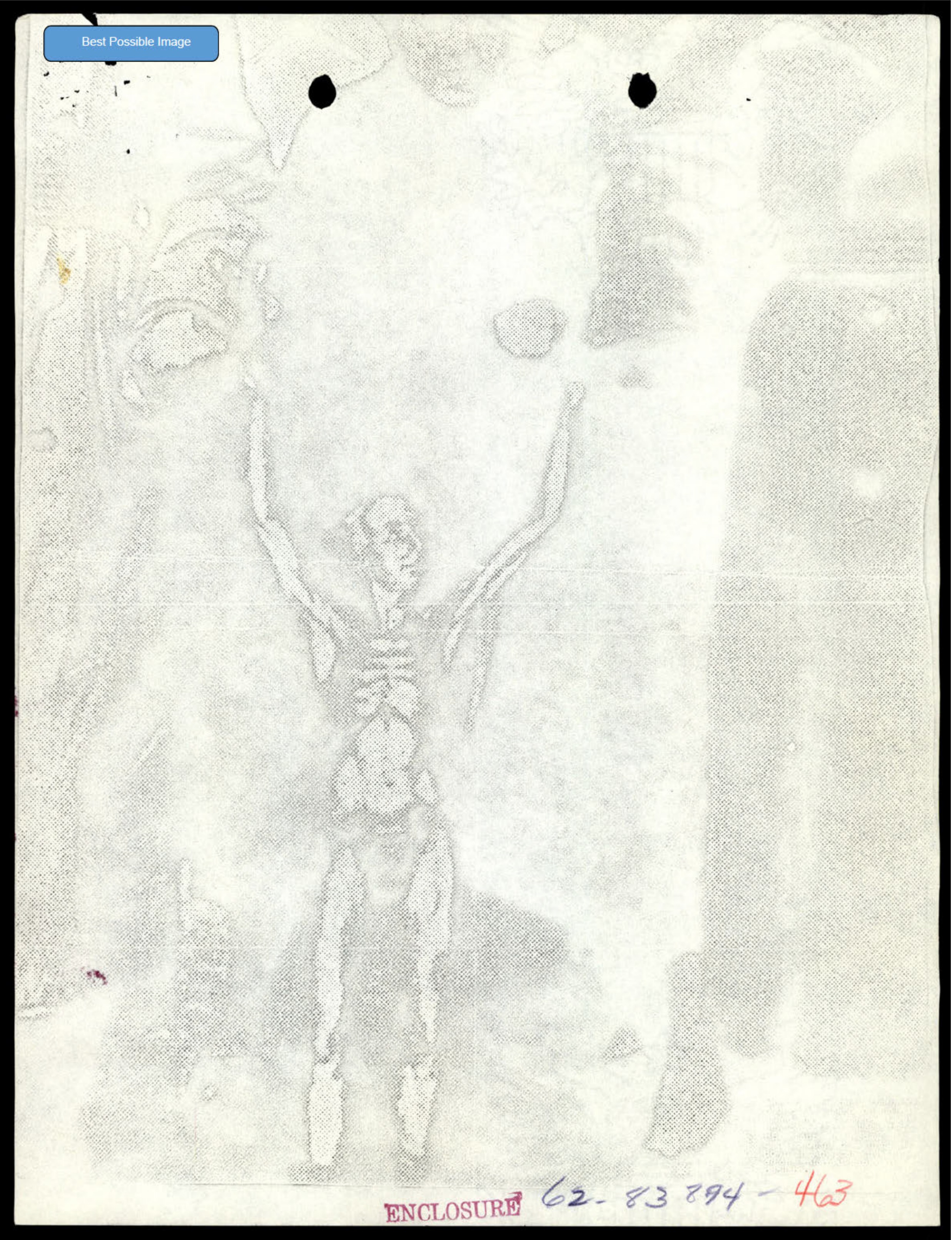 Faint, high-contrast image of a skeletal or emaciated humanoid figure with arms raised.