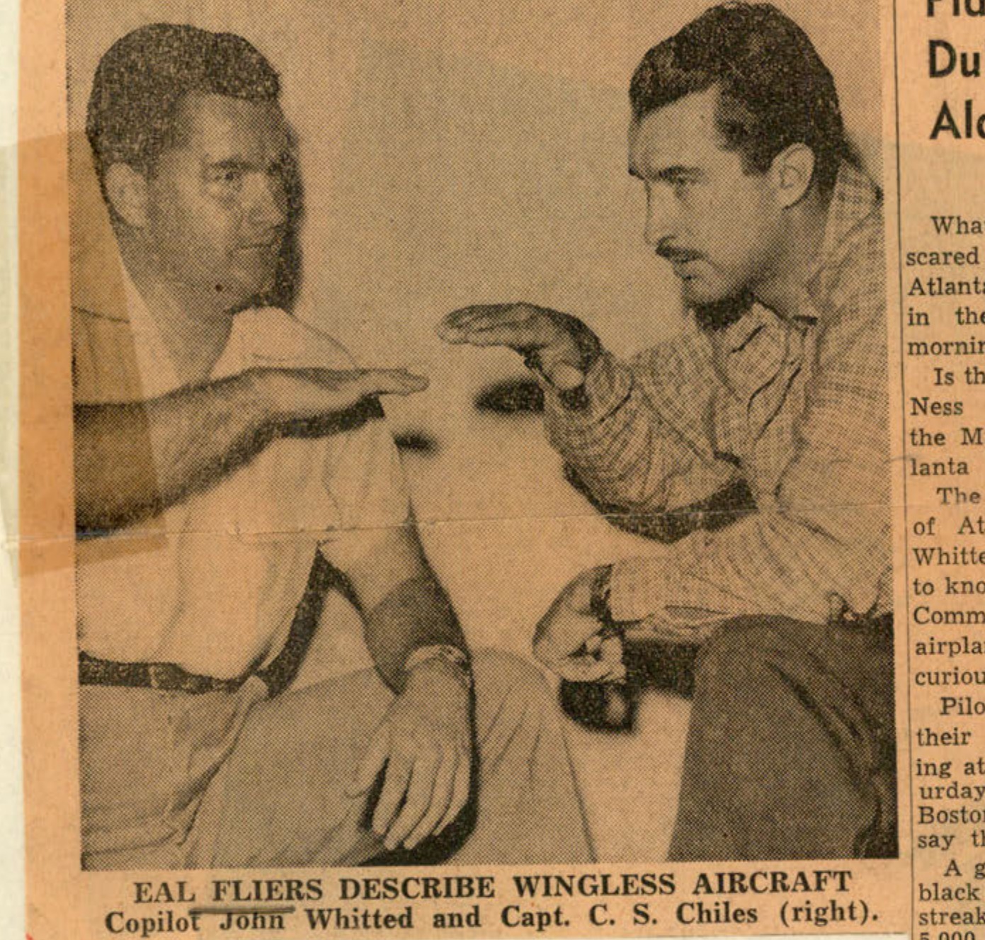 EAL FLIERS DESCRIBE WINGLESS AIRCRAFT Copilot John Whitted and Capt. C. S. Chiles (right).