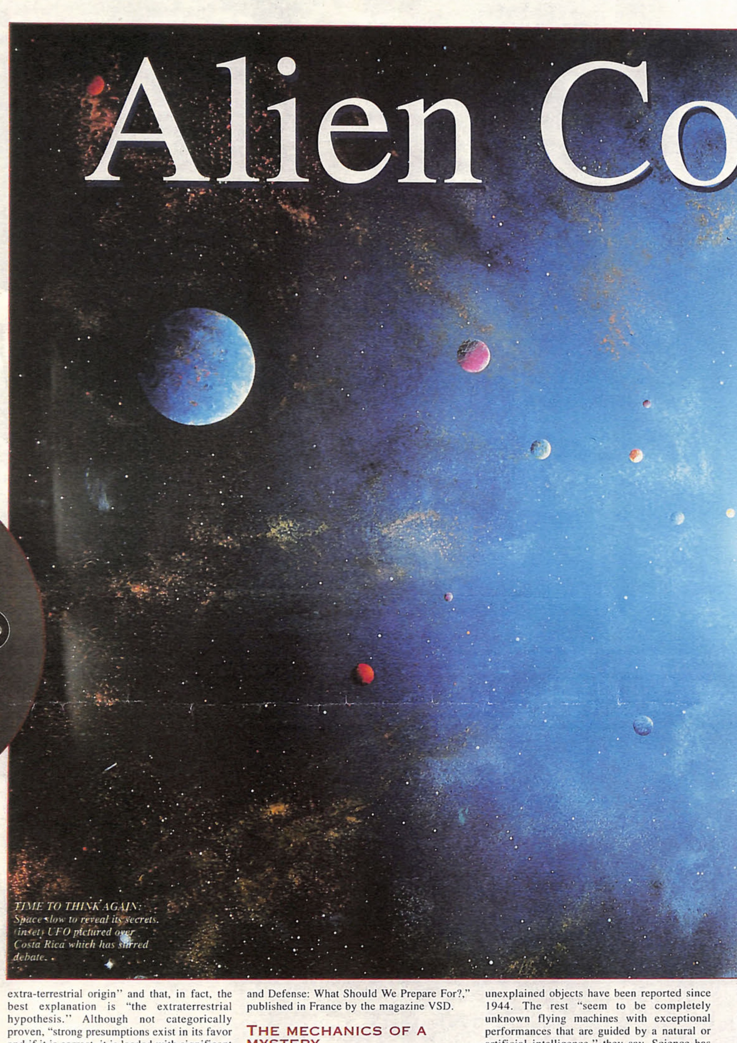 Space scene with planets and title 'Alien Co' with circular inset photo showing unidentified object