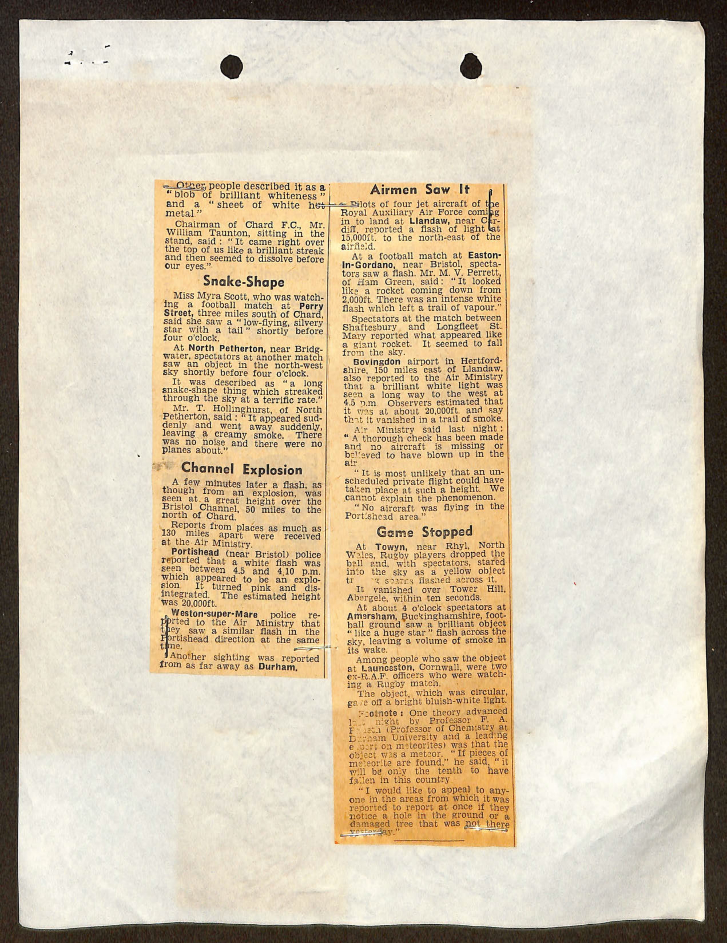 Newspaper clipping describing multiple UFO sightings across England and Wales, including reports from airmen, football spectators, and Air Ministry officials