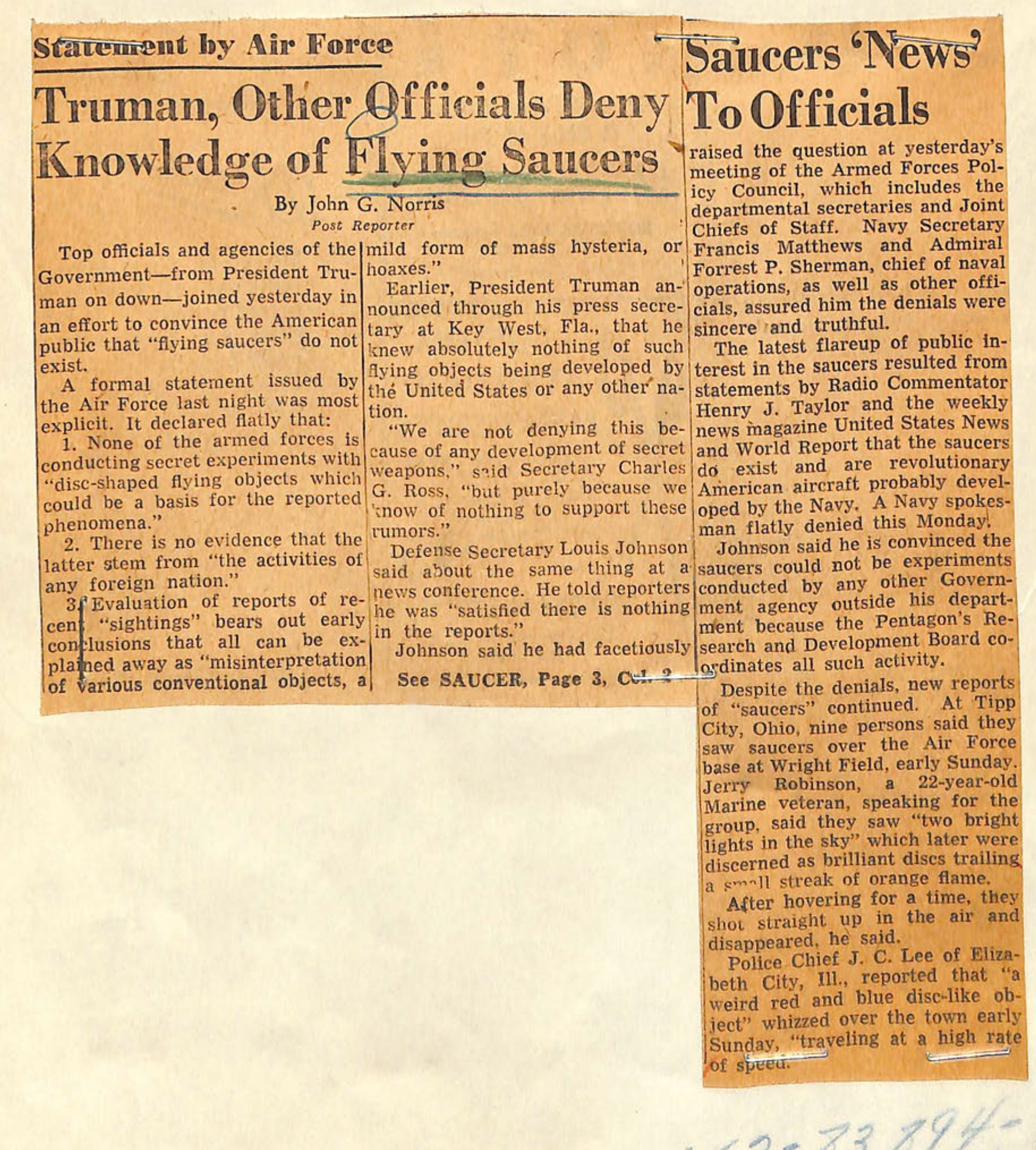 Newspaper clipping from Star Staff Reporter about flying saucer denials by Truman and other officials