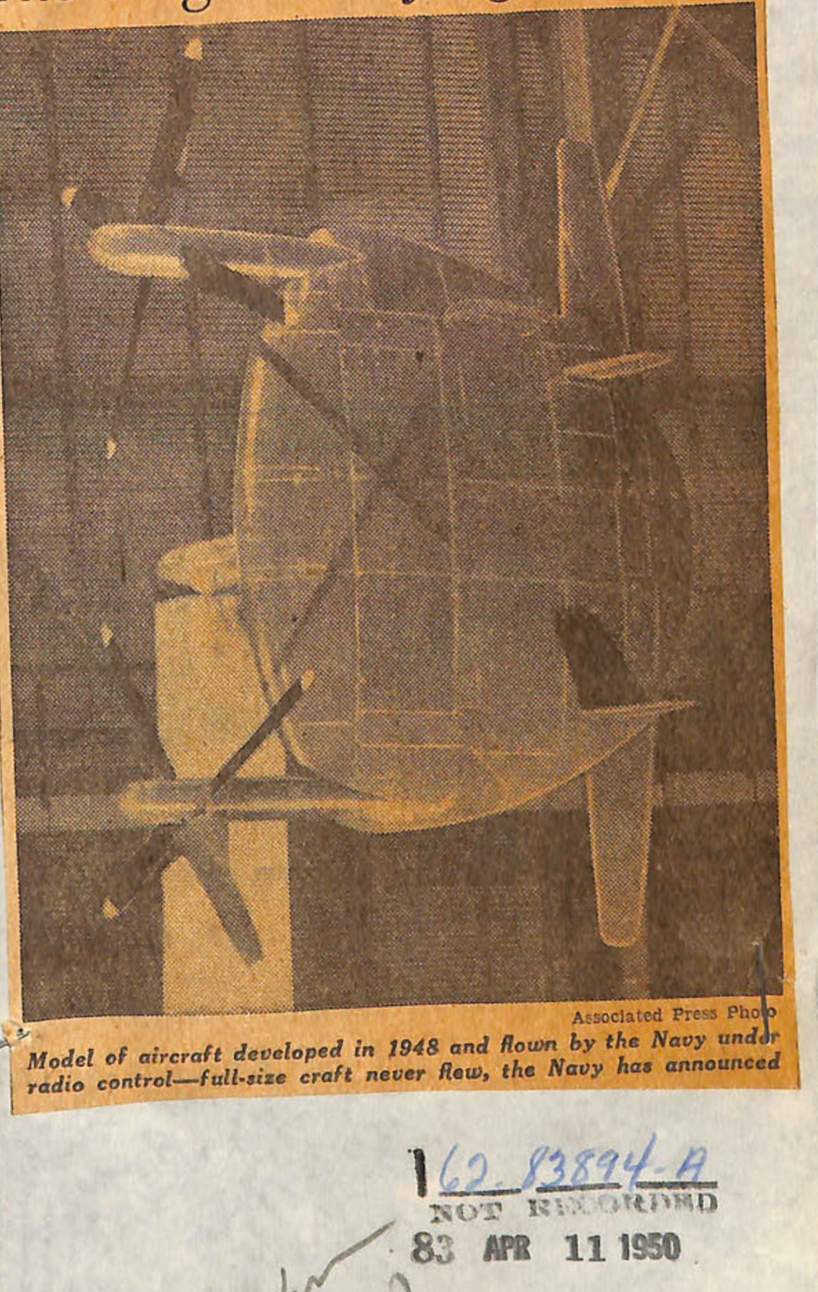 Model of aircraft developed in 1946 and flown by the Navy for radio control—full-size craft never flew, the Navy has announced