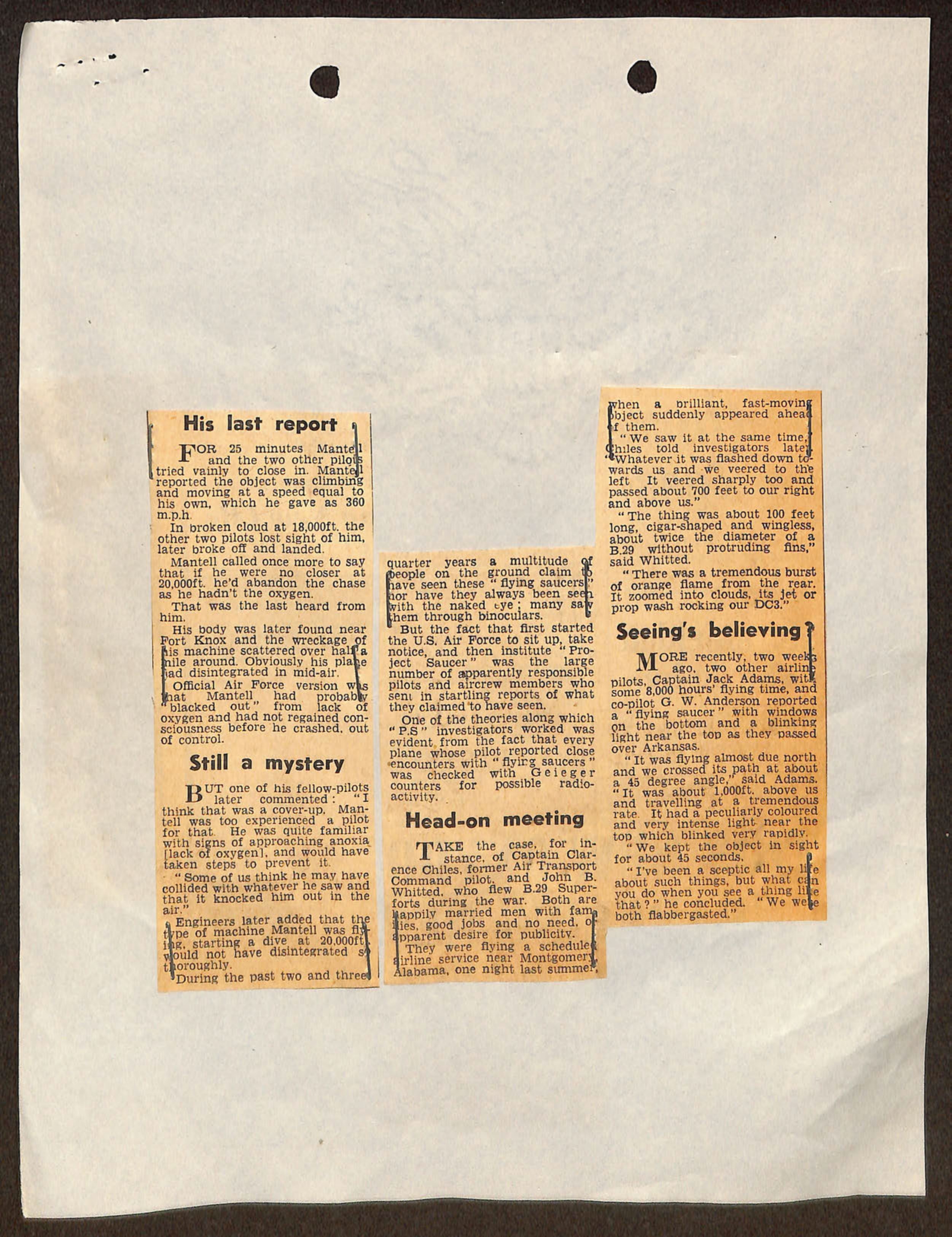 Newspaper clippings about UFO sightings including Mantell incident and pilot testimonies