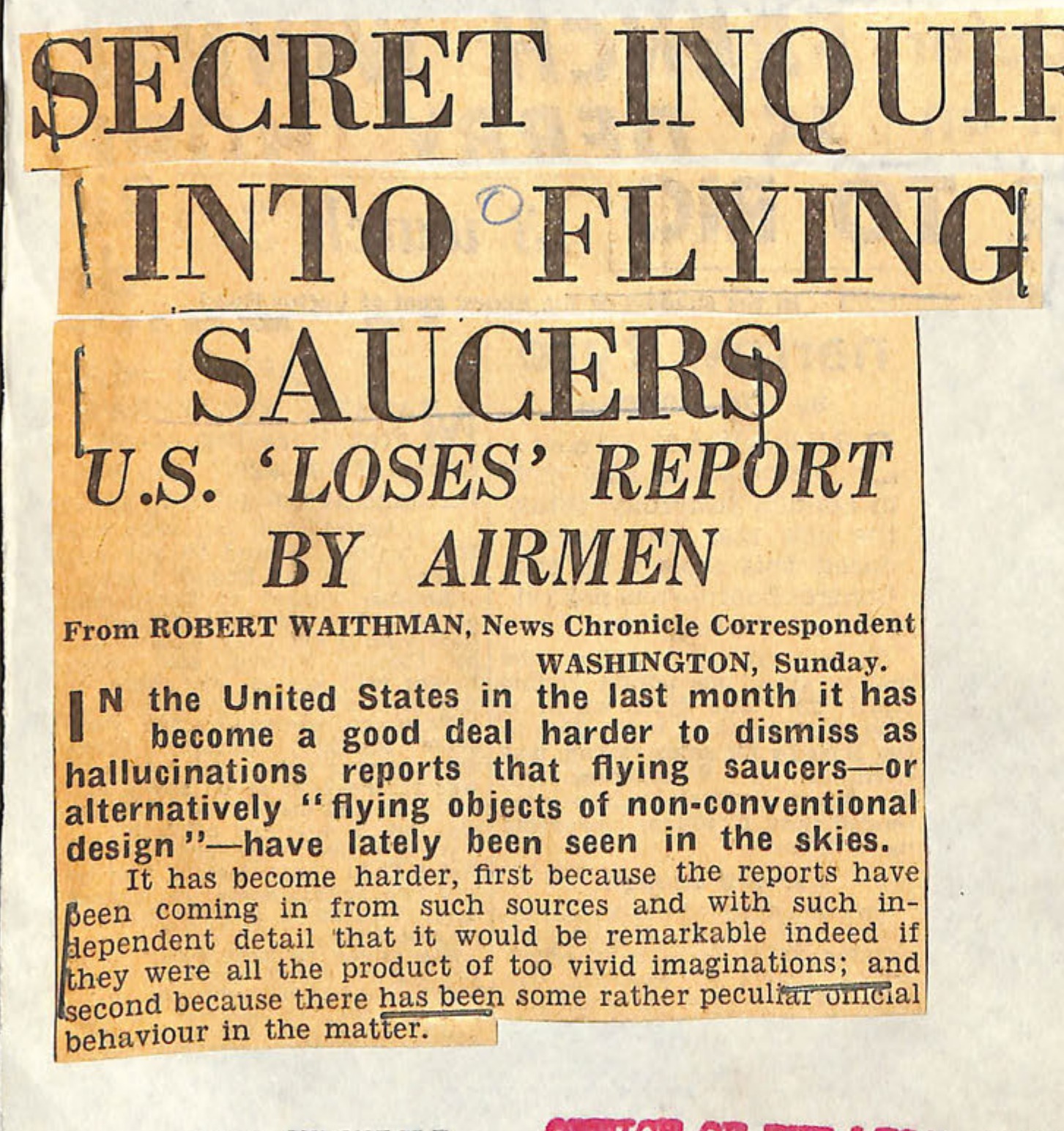 Newspaper clipping showing headline and article about flying saucers inquiry