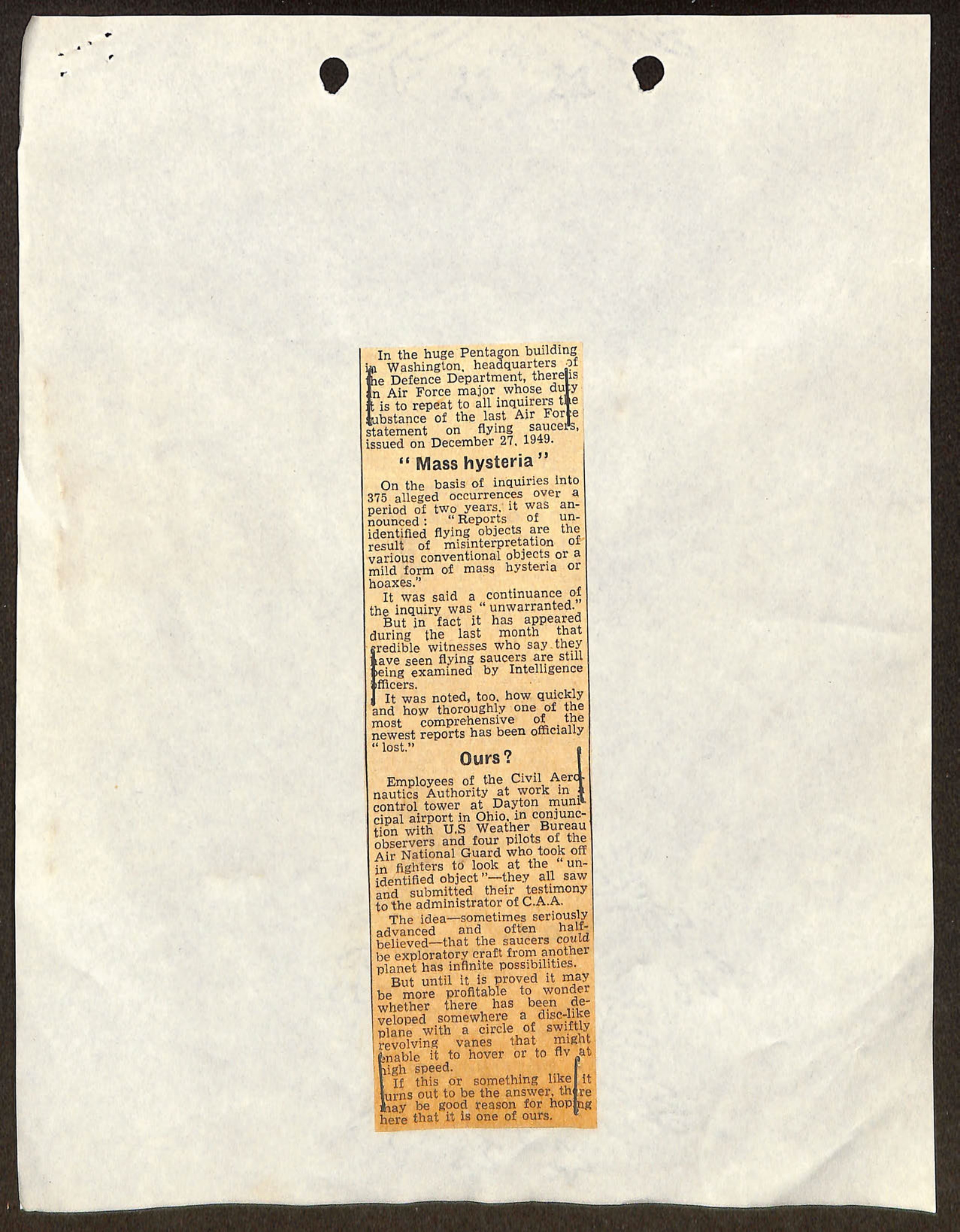 Newspaper clipping discussing Pentagon statement on flying saucers and mass hysteria, dated December 27, 1949