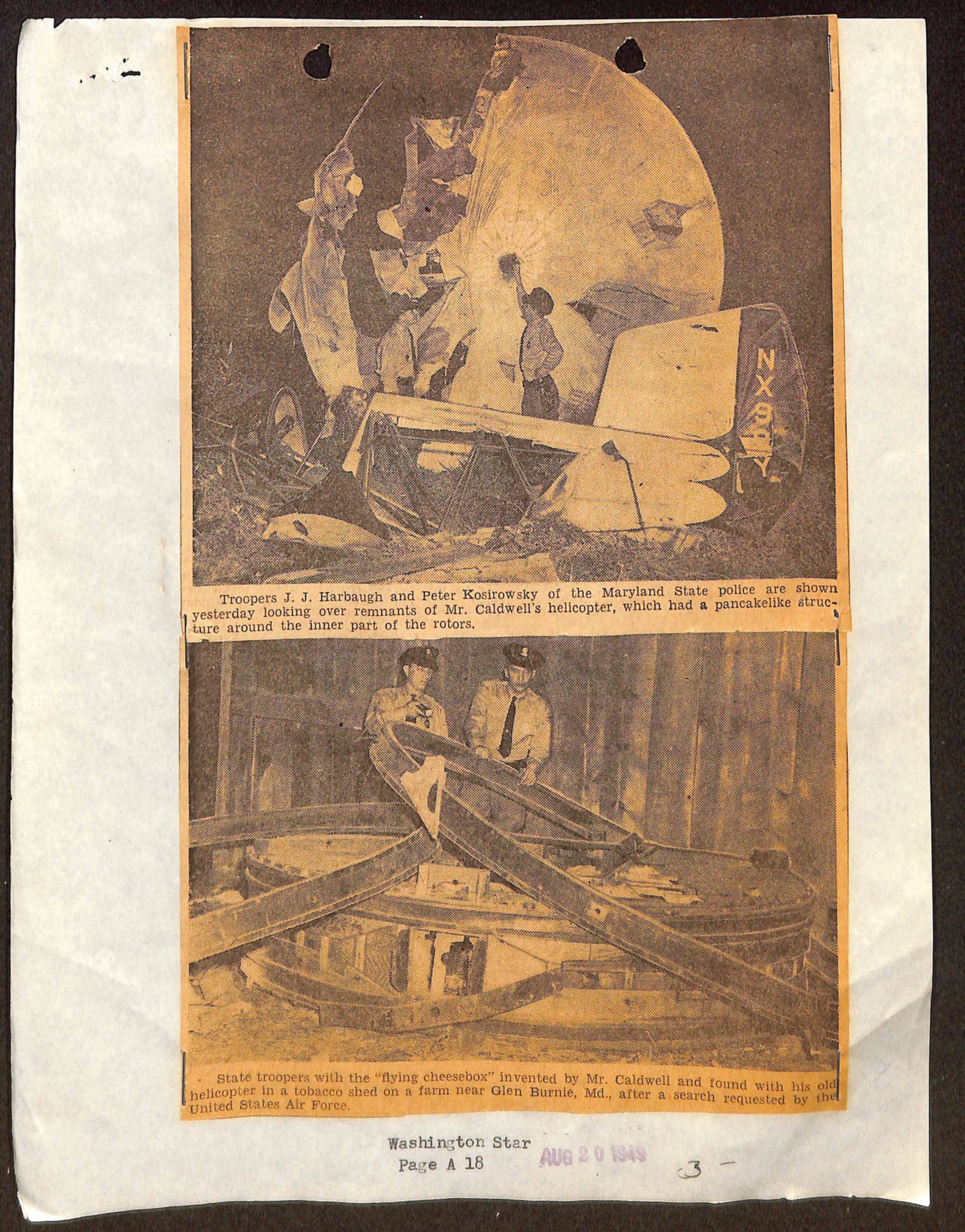 Photos of Maryland State police with remnants of Mr. Caldwell's helicopter and 'flying cheesebox' near Glen Burnie, Md.