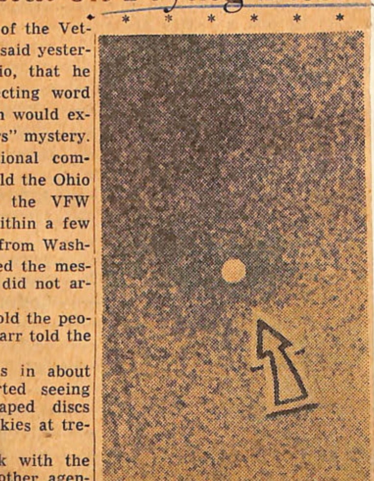 IS IT? Coast Guardsman Frank Ryman, 27, made this picture with a Speed Graphic camera from the front porch of his Seattle, Wash., residence. It shows, says Ryan, a "white saucer" (arrow) that is neither an airplane, a cloud, nor a silver balloon. So, is it a "flapjack" or a saucer? Or maybe a bottle cap? Photo is enlarged about 20 times