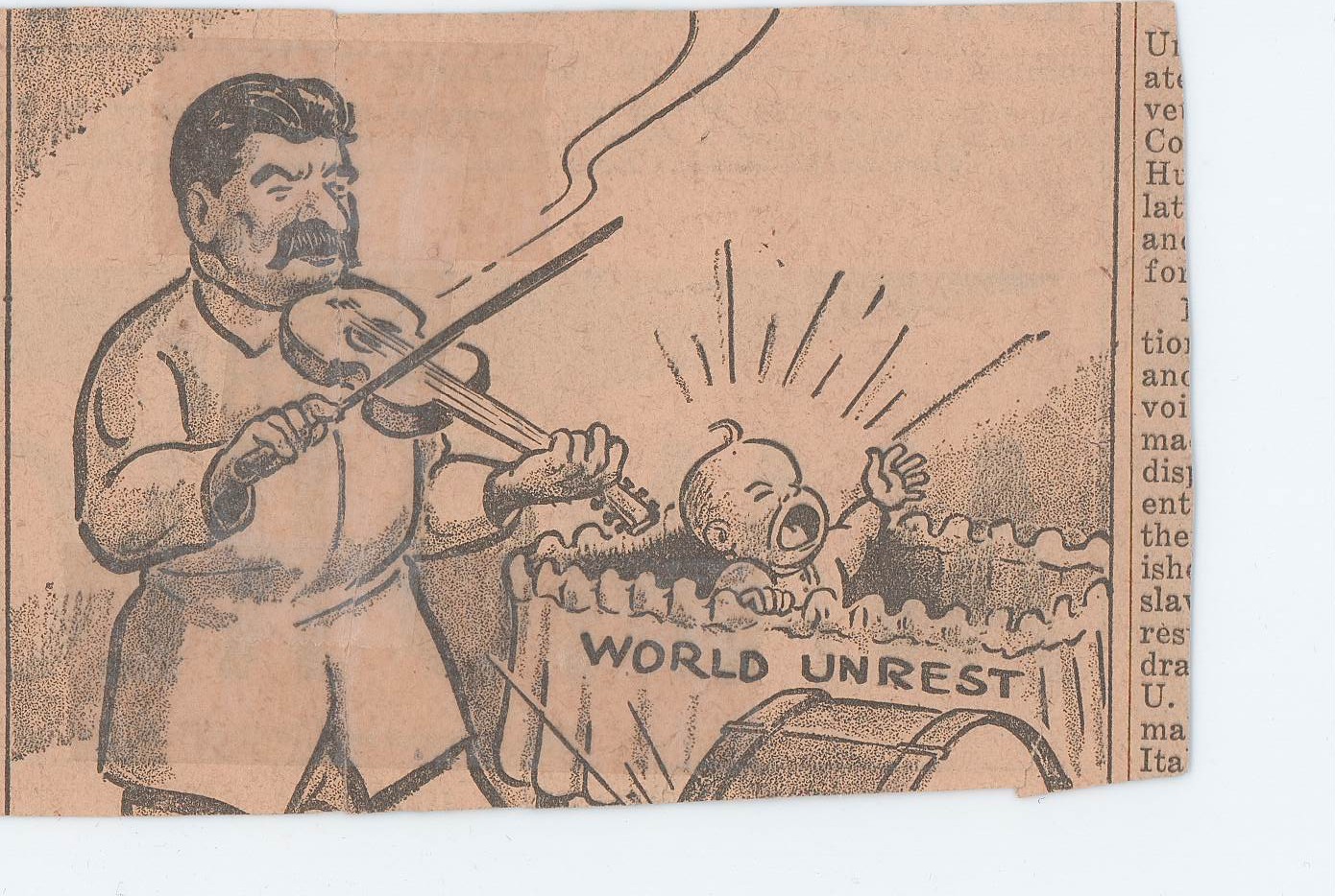 A political cartoon depicts a man resembling Stalin playing a violin over a crying baby in a cradle labeled 'WORLD UNREST'.