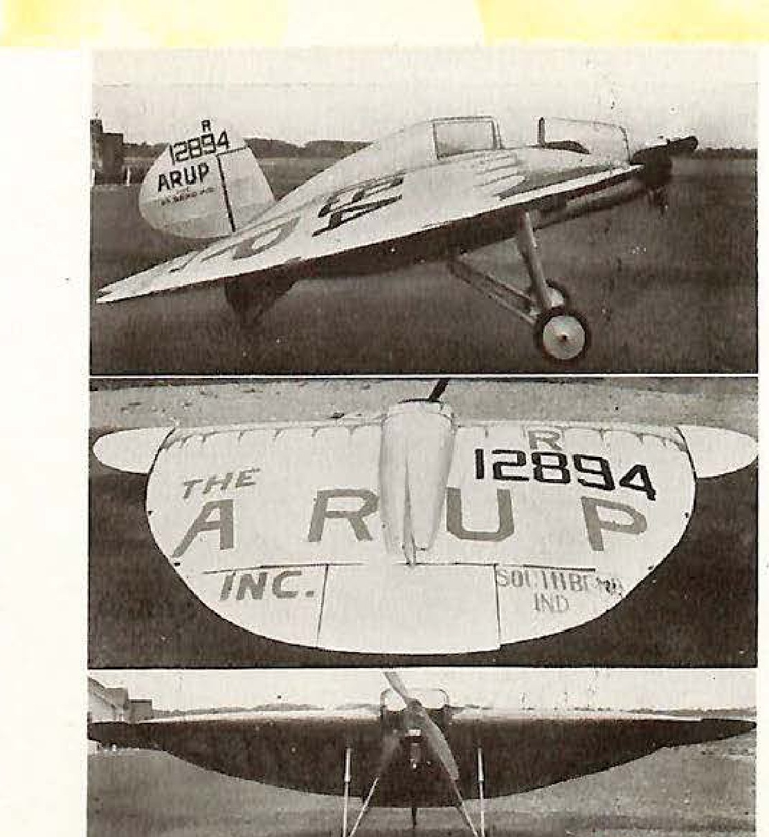 Three views of an Experimental Arup tailless Monoplane. Markings include '12894 ARUP' and 'THE ARUP INC. SOUTHBEND IND.'