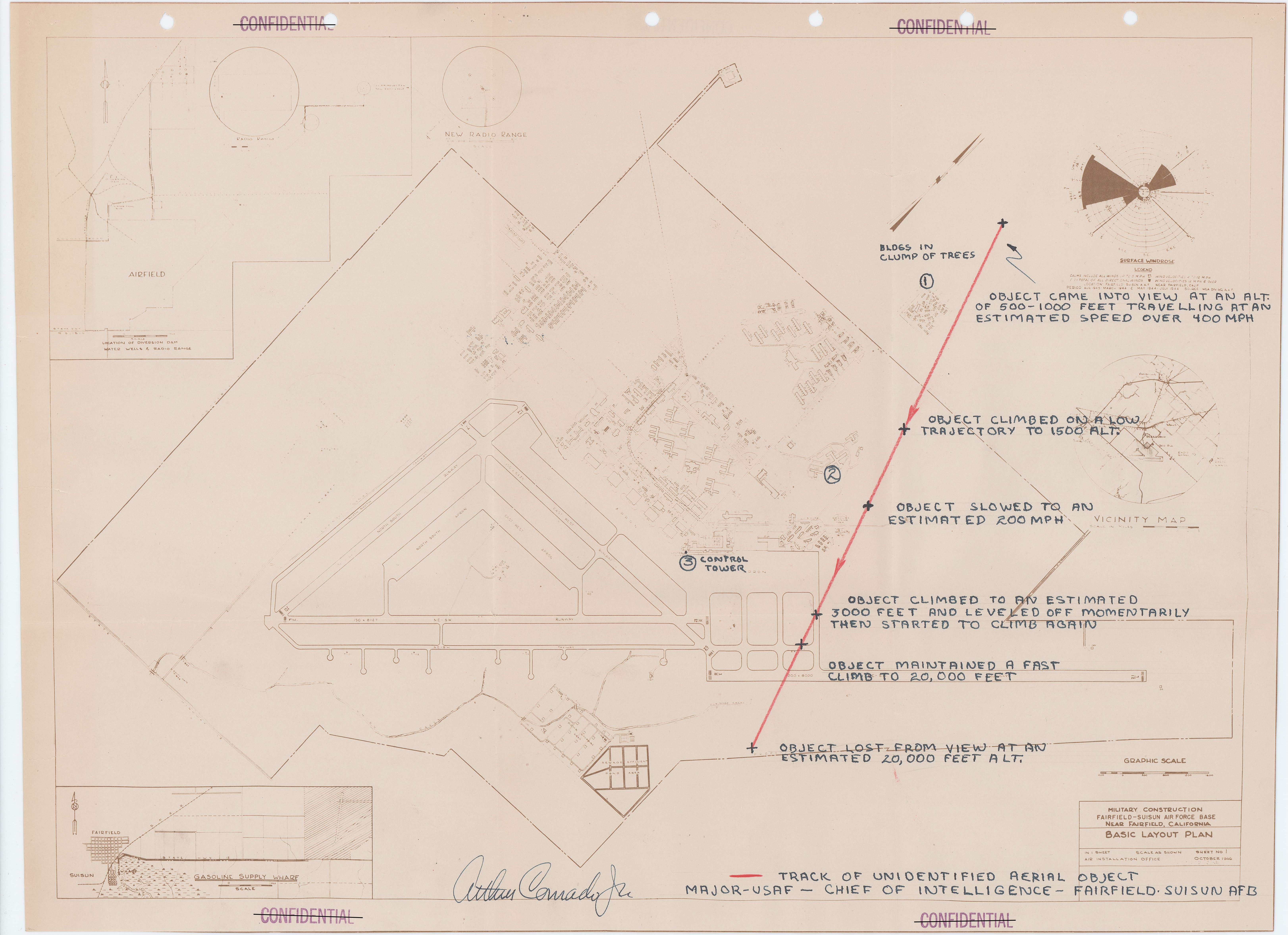 Annotated map of Fairfield-Suisun Air Force Base showing the flight path of an unidentified aerial object.