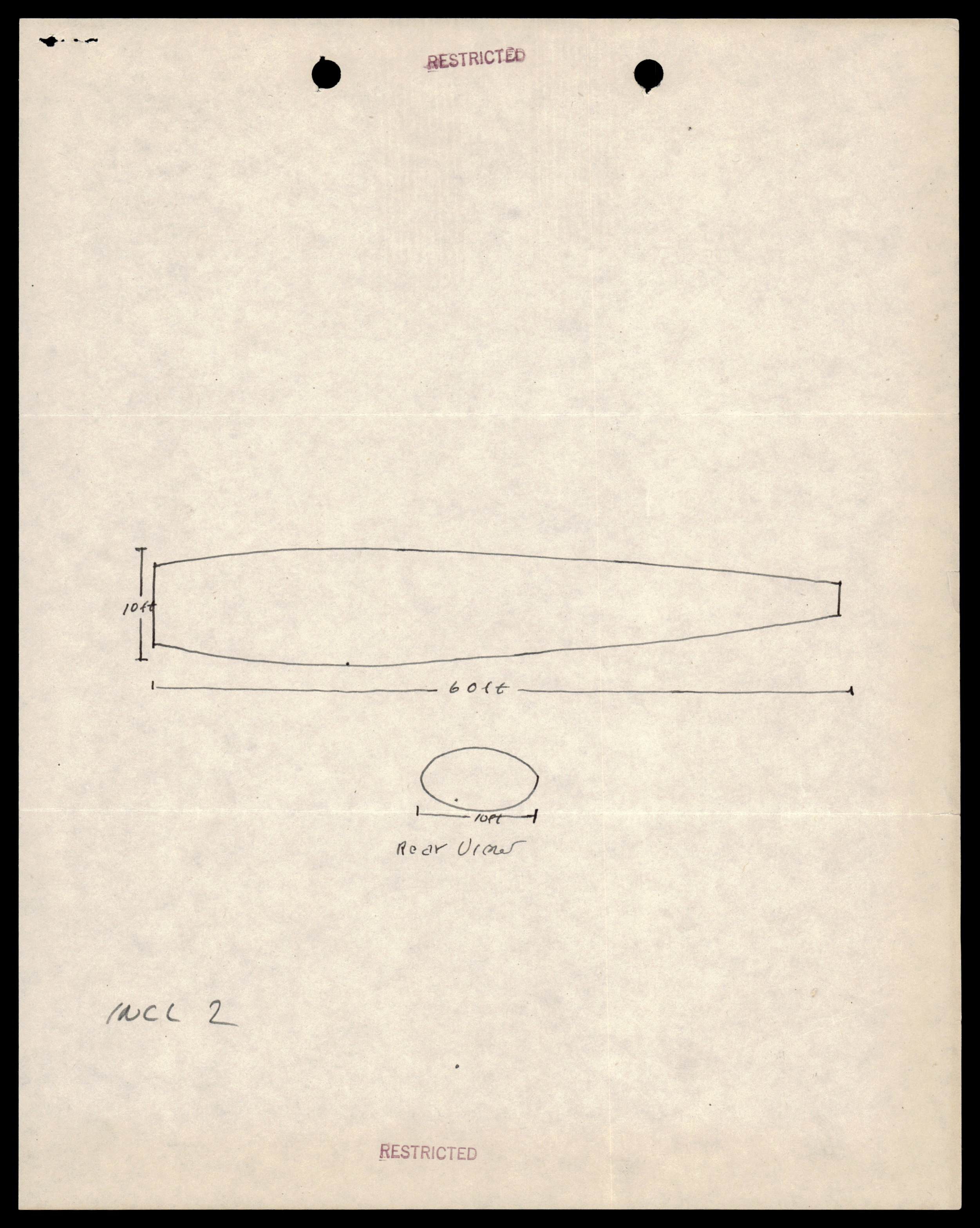 Sketch of a cigar-shaped object, 60 feet long and 10 feet in diameter, with a rear view.