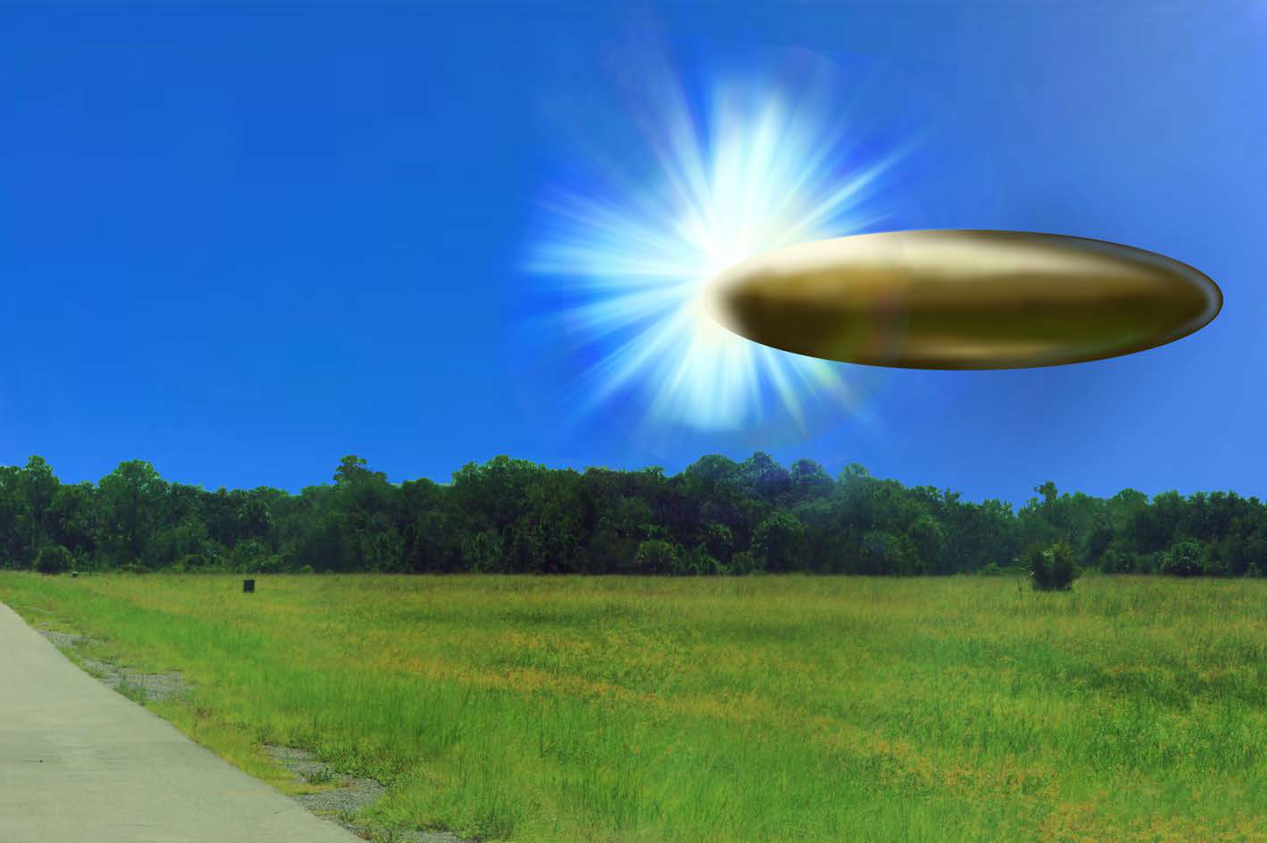 Composite image showing metallic disc-shaped object hovering over rural field with treeline and bright sunburst effect
