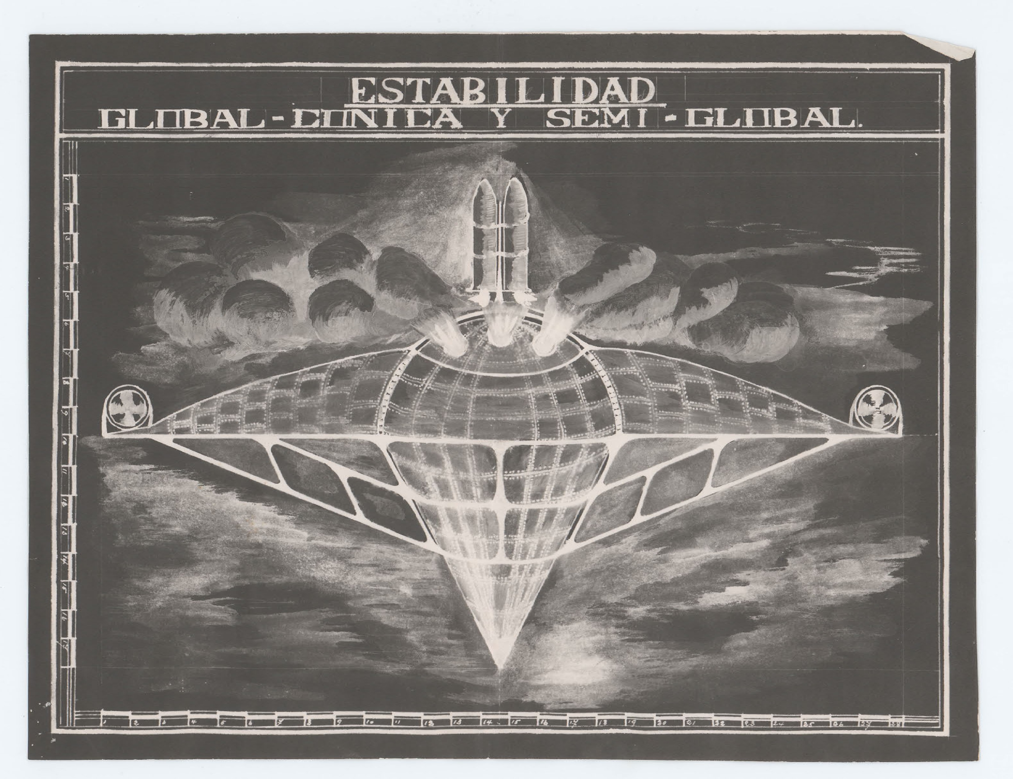 Diagram titled 'ESTABILIDAD GLOBAL-CONICA Y SEMI-GLOBAL' showing a craft design.