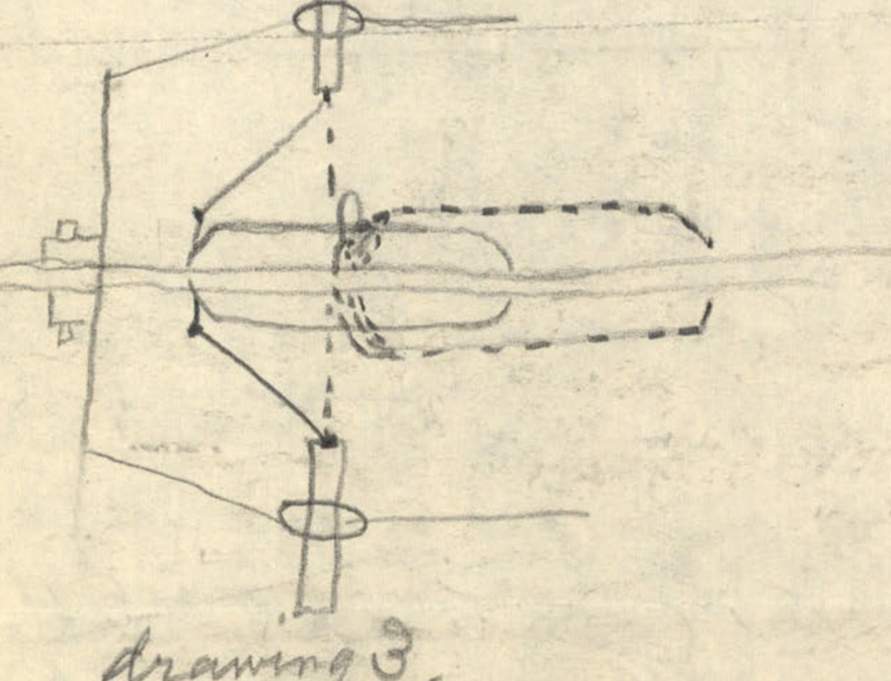 A diagram labeled 'drawing 3' showing a mechanical assembly, possibly related to the centrifugal force mechanism.