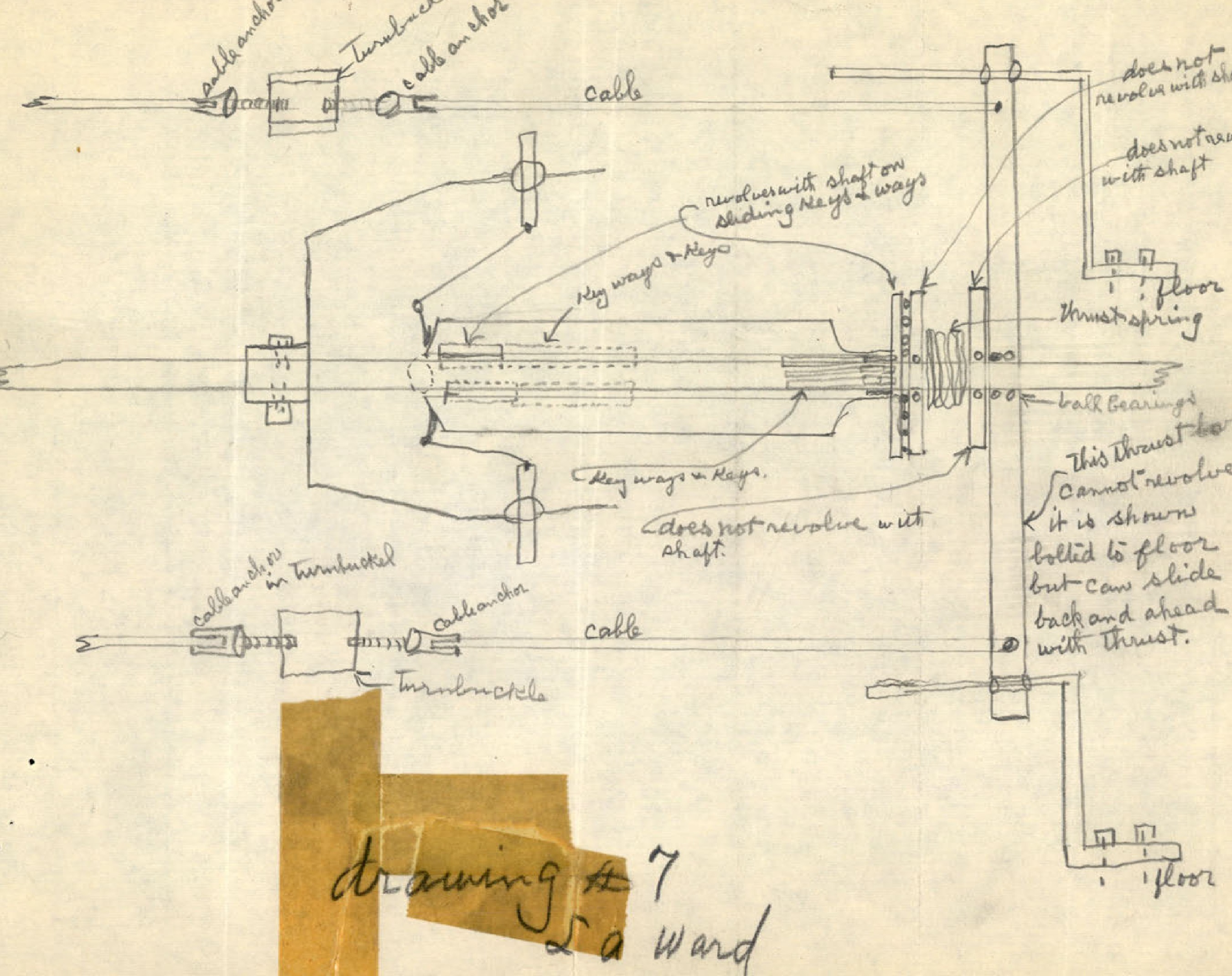 A detailed mechanical diagram labeled 'drawing #7' showing shafts, bearings, and cables.