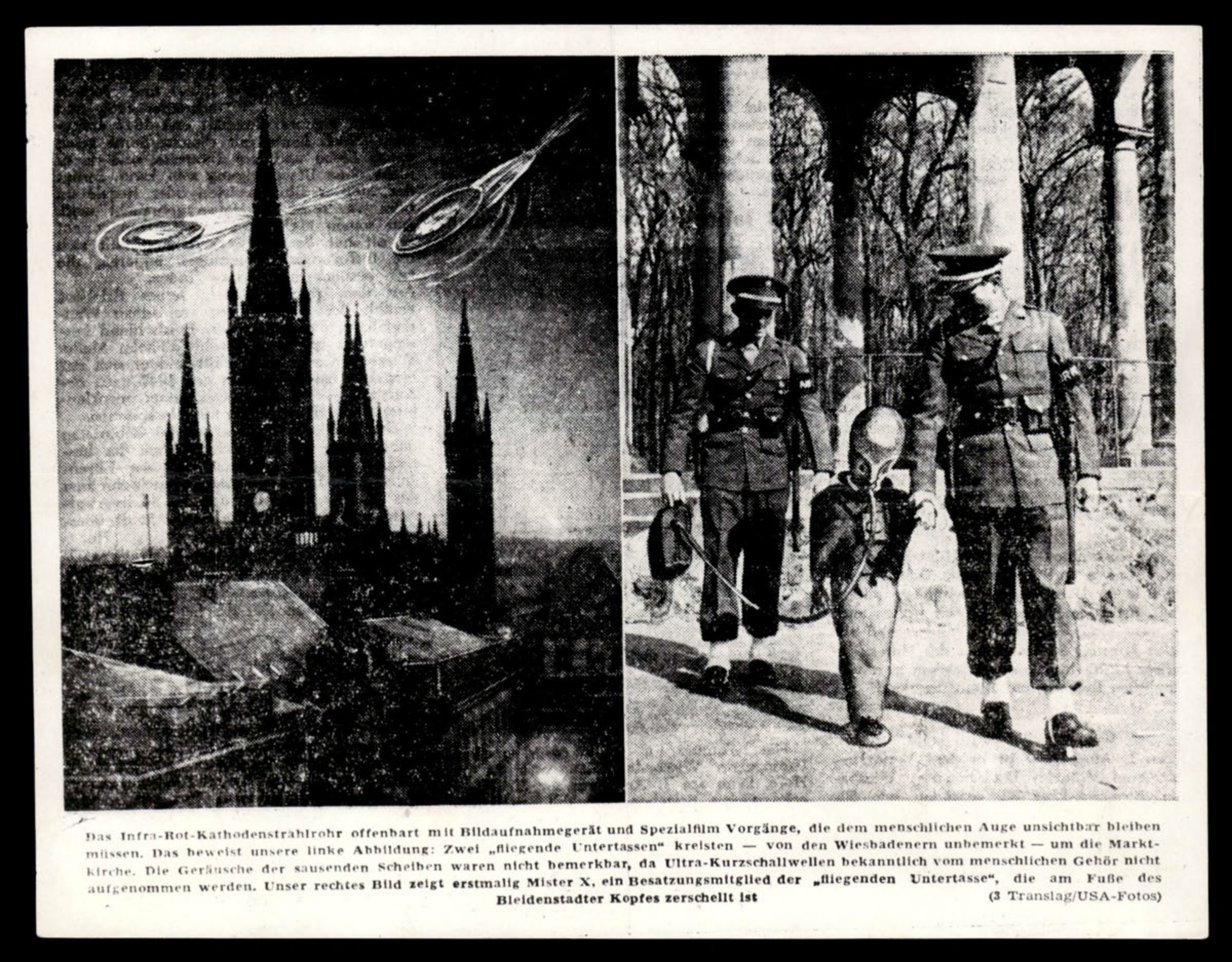 Composite image showing two UFOs over a church (left) and two military police escorting a small figure in a helmet (right).