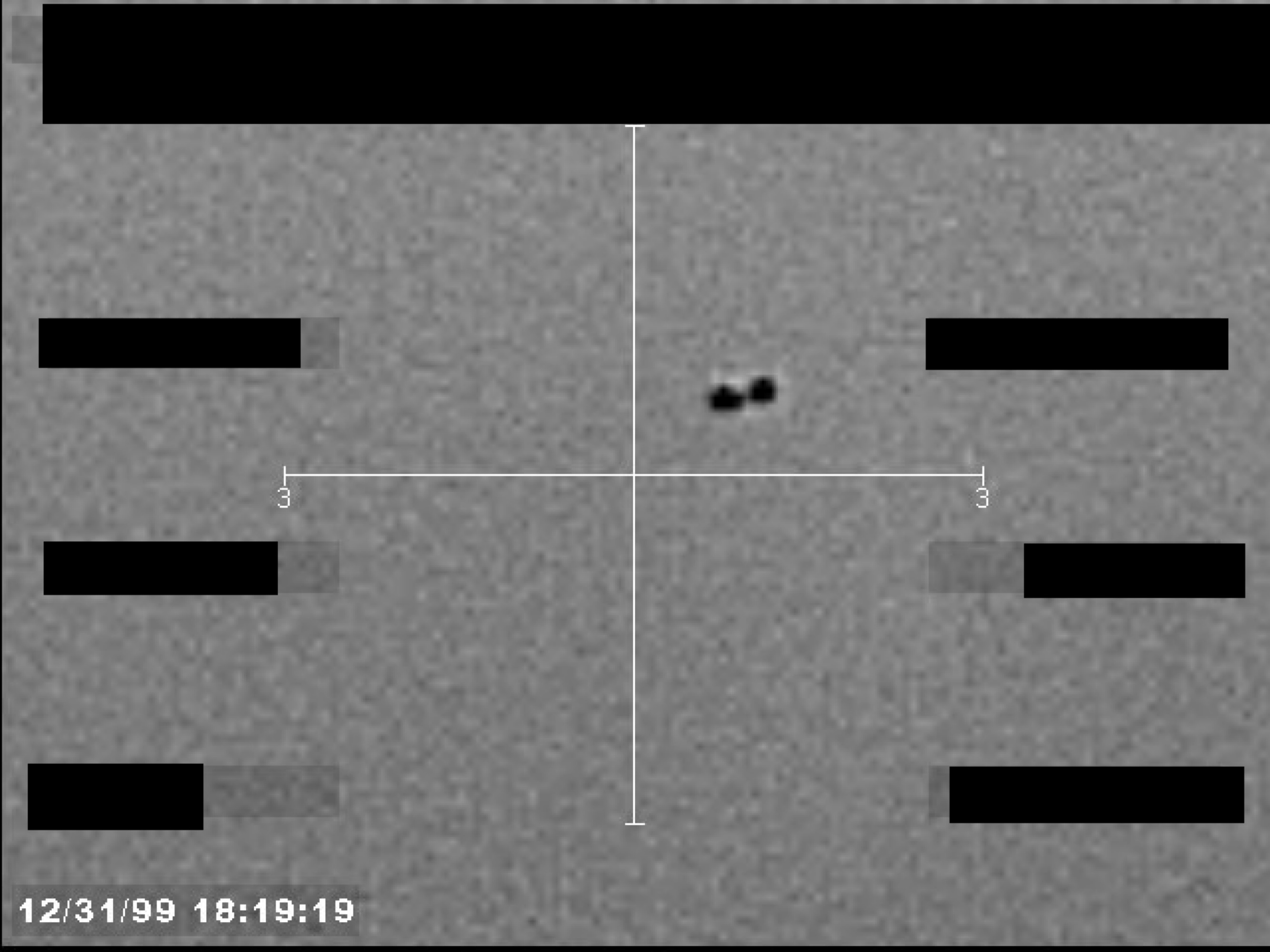 A grainy, black-and-white image from a sensor or camera, showing a small, dark object at the center of crosshairs.