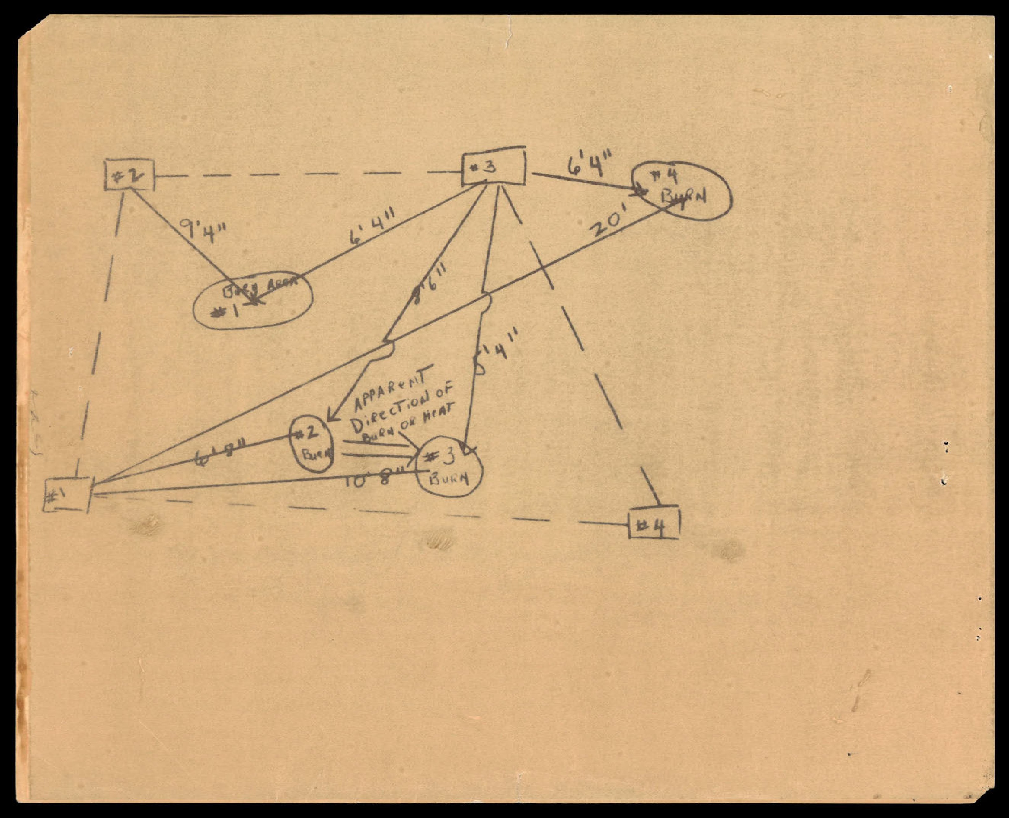 Hand-drawn diagram showing burn marks and their relative positions and distances.