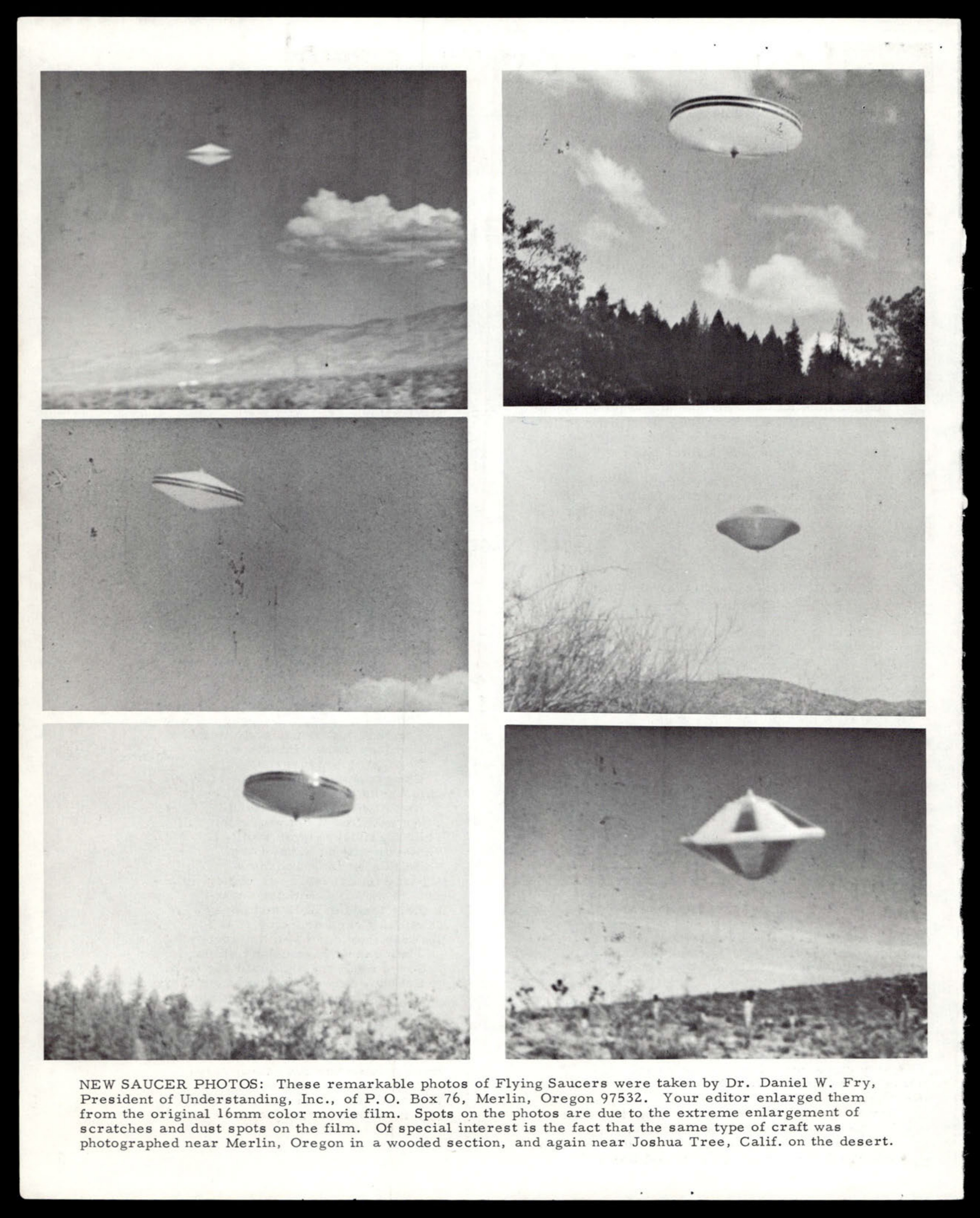 A composite of six photographs showing flying saucer-type objects in various outdoor settings.