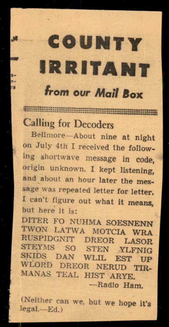 Newspaper clipping titled 'Calling for Decoders' from 'COUNTY IRRITANT from our Mail Box'.
