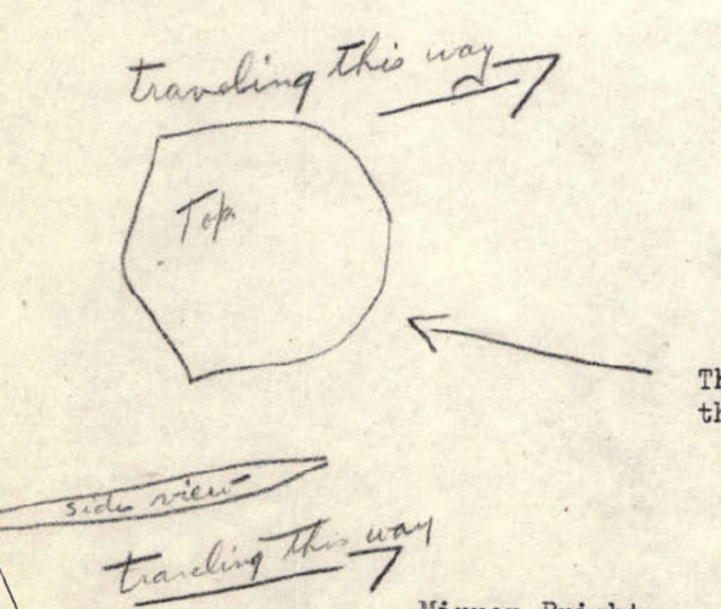 A handwritten sketch showing top and side views of a crescent-shaped object, with arrows indicating its direction of travel.