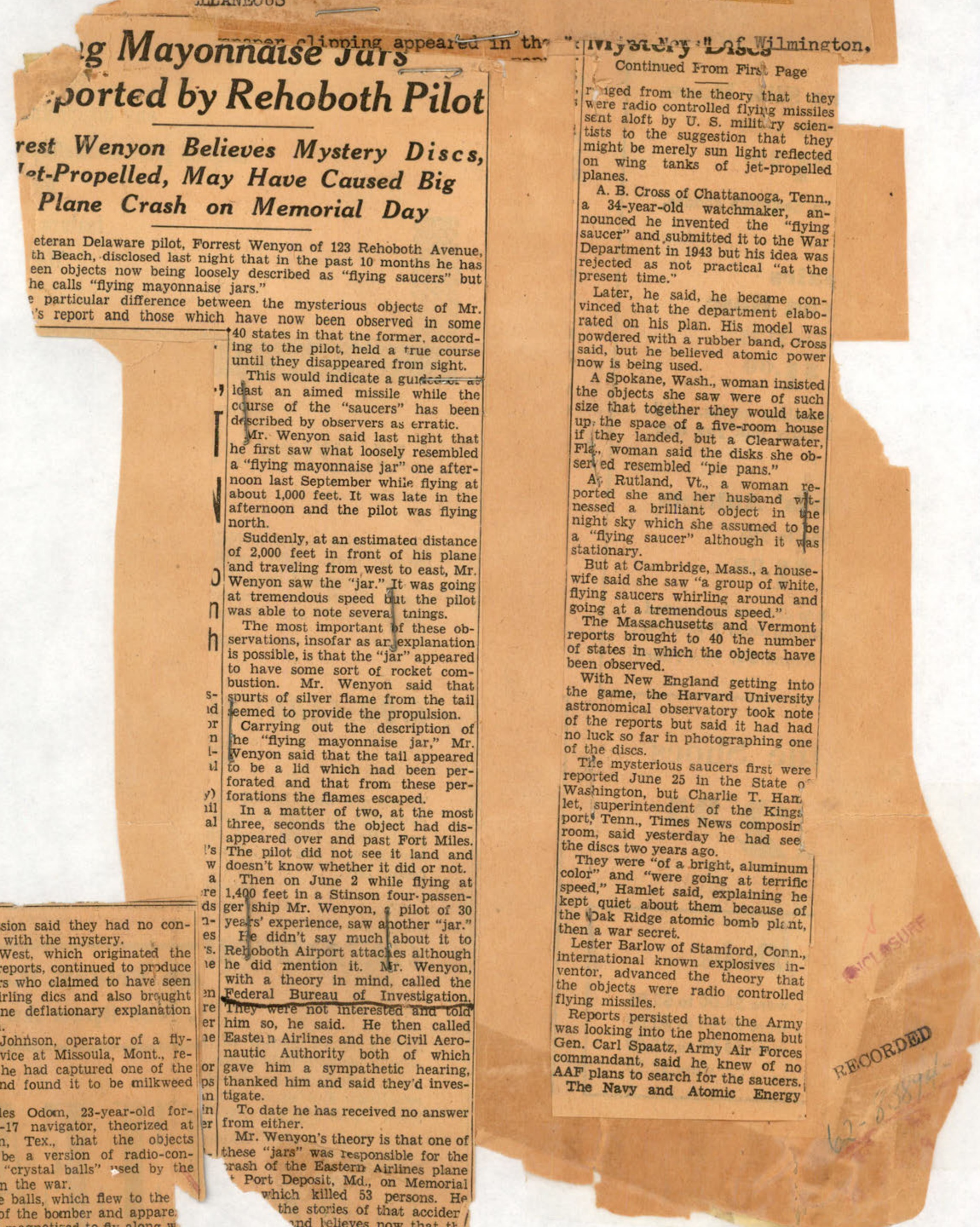A newspaper clipping titled 'Flying Mayonnaise Jars Reported by Rehoboth Pilot' detailing sightings by Forrest Wenyon and others across the country.