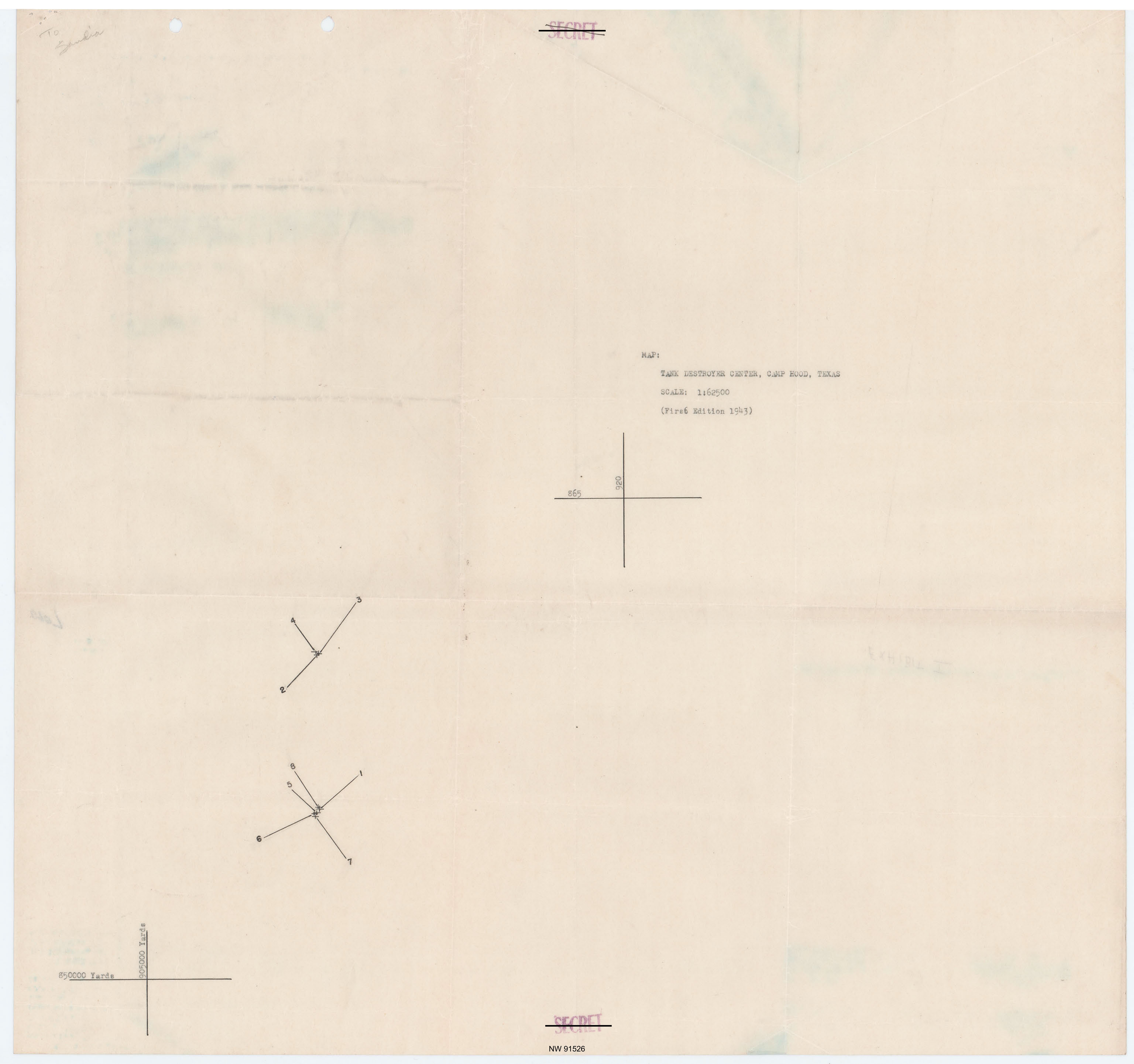 Map of Tank Destroyer Center, Camp Hood, Texas, with handwritten overlay showing points and paths.