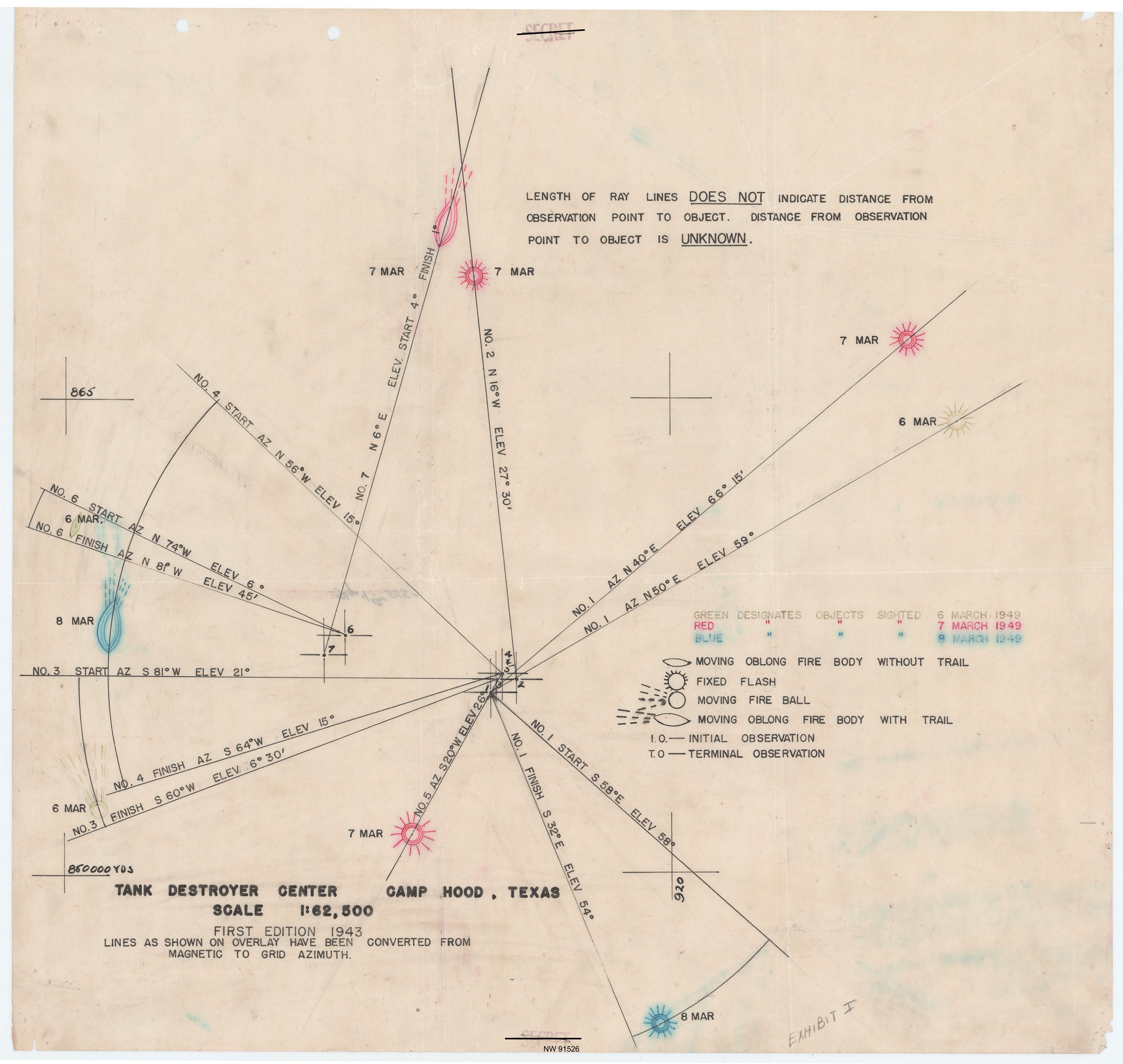 Map overlay for Camp Hood, Texas, showing sighting paths, angles, and a legend for objects sighted on March 6, 7, and 8, 1949.